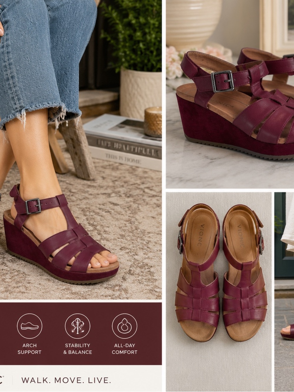 Vionic Tawny Burgundy Wedge Leather Sandals Sz 9 Comfort Casual Orthotic Comfy